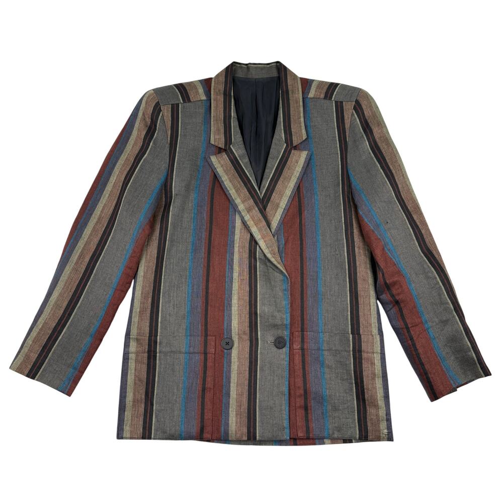 Vintage Tahari 100% Linen Striped Double Breasted Blazer Bozy Jacket Sz 6